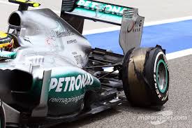 Lewis Hamilton's Mercedes with left rear tyre delamination suffered during the Bahrain Grand Prix.